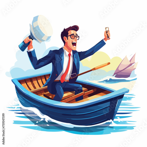 Businessman with megaphone in rowboat on ocean flat