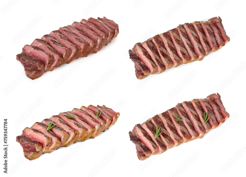 Delicious grilled beef steaks isolated on white, top and side views Delicious grilled beef steaks isolated on white, top and side views