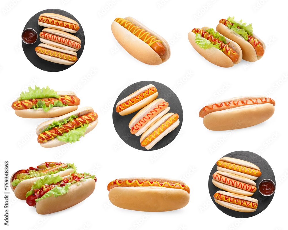 Tasty hot dogs with ketchup and mustard isolated on white, set Tasty hot dogs with ketchup and mustard isolated on white, set
