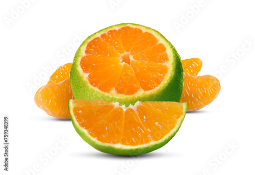 Fresh green tangerines isolated on white. Citrus fruit