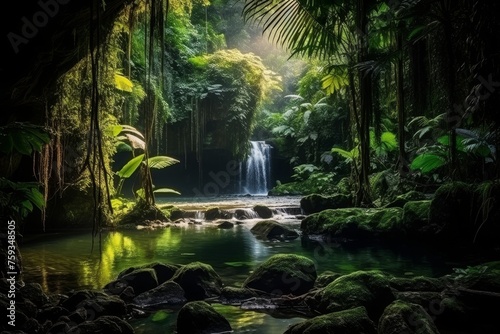 A vibrant tropical rainforest with lush green foliage, colorful flowers, towering trees, and sunlight filtering through the dense canopy, creating a magical atmosphere.