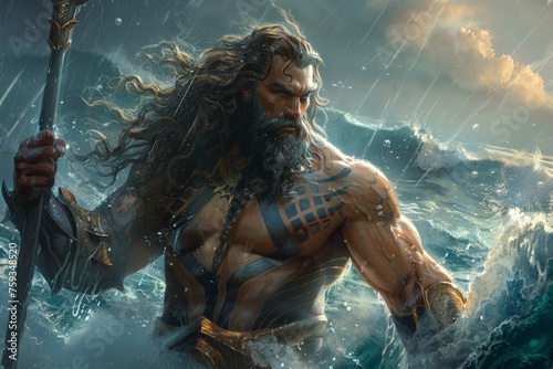 A man with long hair and a beard is standing in the ocean, holding a sword