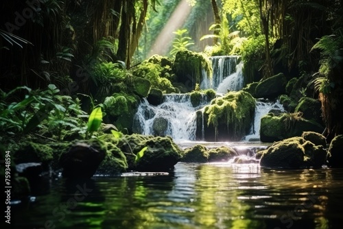 Hidden Jungle Waterfall Oasis, Serene Nature Escape with Crystal Clear Water Flowing Over Moss-Covered Rocks, Surrounded by Lush Greenery. Ideal Retreat from Busy City Life © katrin888