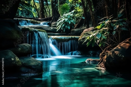 This captivating image of a rainforest waterfall showcases natures beauty with lush greenery and flowing blue water. Ideal for commercial use in travel, tourism, and nature-related industries.