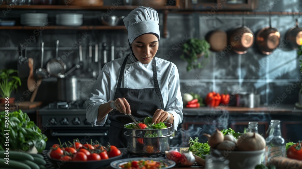 Chef is preparing a meal in the kitchen Chef is preparing a meal in the kitchen