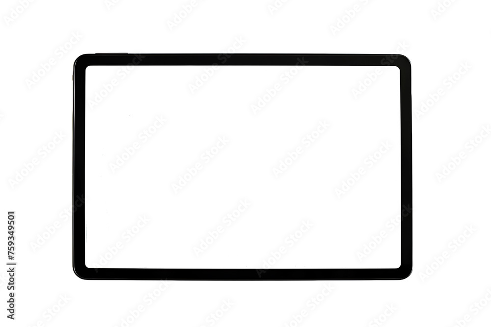 The tablet computer has a blank white screen and a transparent background. Screen display for mockup.