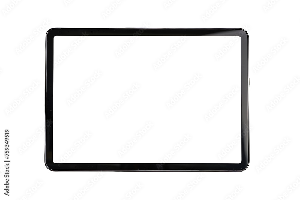 The tablet computer has a blank white screen and a transparent background. Screen display for mockup.