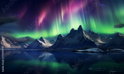 Northern lights in the night sky over mountains and lake. 3d rendering