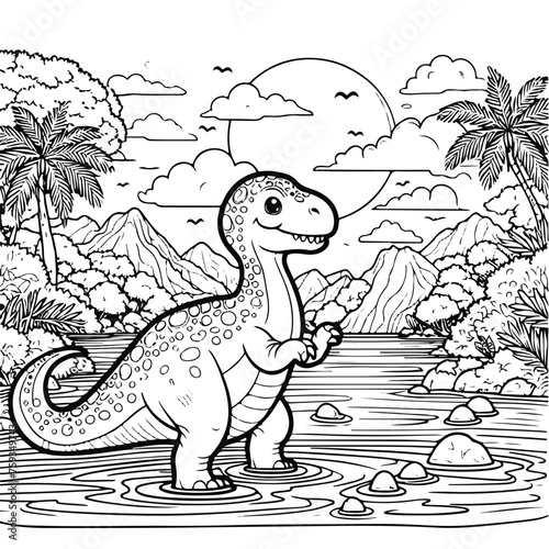 coloring draw dino with a lake illustration background and happy black and white version good for kids © Tosca Digital