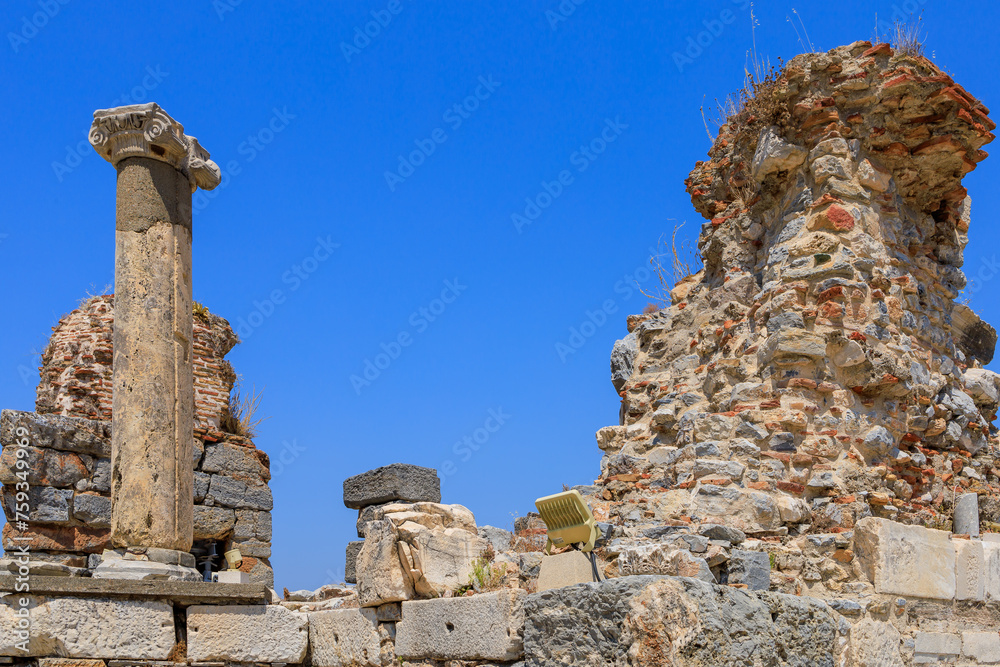 Ruins of ancient columns. Background with selective focus and copy space