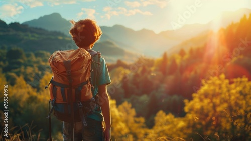 Hiker facing a breathtaking sunset over hills - Captivating view of a hiker standing against a sunset backdrop, overlooking rolling hills and lush landscapes