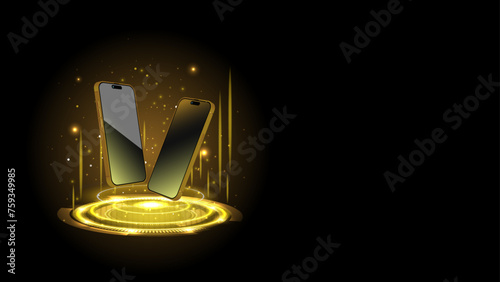 Smartphone with golden and yellow neon hologram portal. Abstract digital device interface technology. Magic circle teleport podium with mobile phone. Vector