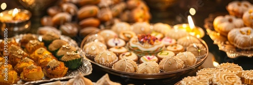 Panoramic view of Indian sweet dishes - A wide panoramic shot displaying an assortment of Indian sweet treats, perfectly arranged for a festive occasion © Tida