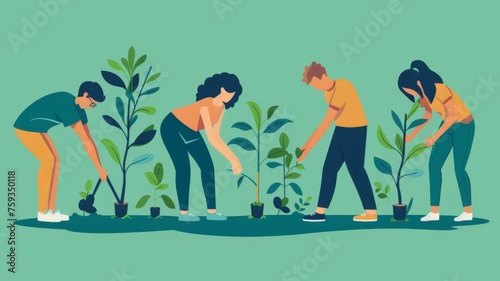 People planting saplings in a row - Simple and clean illustration depicting a group of people bending over to plant young tree saplings in an organized row photo