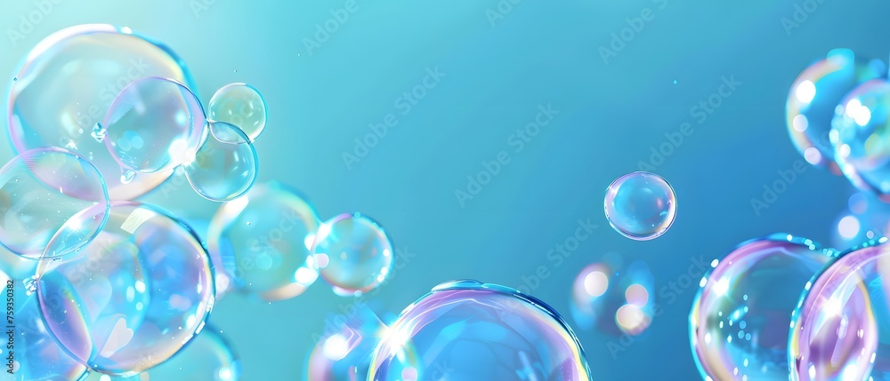 Close up Transparent Soap Bubbles on lurred Background, wallpaper, banner. 
