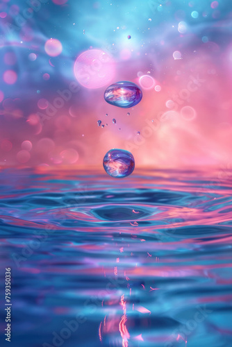 Water drop in pink and blue tone. luminous holographic style hyper realism.