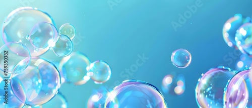 Close up Transparent Soap Bubbles on blue Background, wallpaper, banner. 