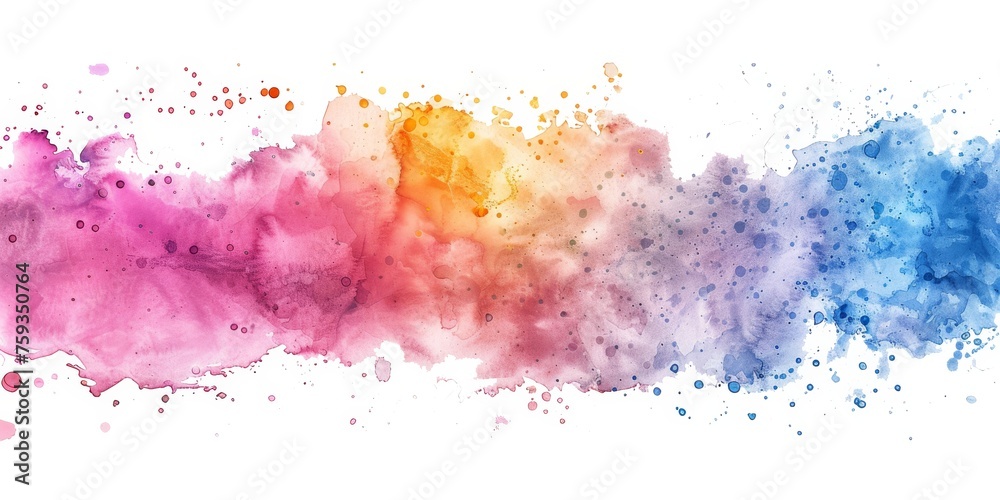 Explosive watercolor splashes in vivid rainbow hues burst energetically across pristine white, creating a mesmerizing and dynamic kaleidoscope of colors in art.