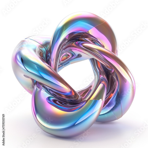 abstract 3D metallic spiral futuristic cyberpunk hyper realism detailed isolated colorful metallic reflective holographic flow iridescence isolated on white background.