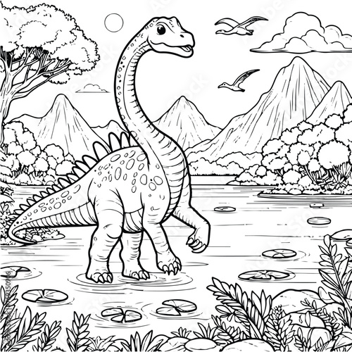 coloring draw dinosaur brontosaurus in the river illustration background and happy black and white version good for kids