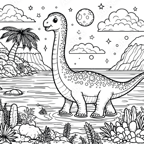 coloring draw dinosaur brontosaurus with a beutifull sea illustration background and happy black and white version good for kids photo