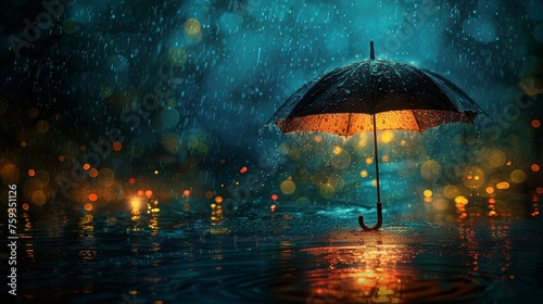 Illuminated umbrella on a rainy night