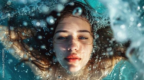 The image captures a close-up of a young woman's face partially submerged in clear blue water. Her face is framed by bubbles accentuating her eyes, nose, and lips. The sun appears to be shining down o