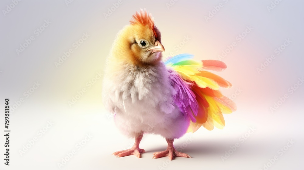 Vibrant chicken with colorful rainbow feathers on bright background Vibrant chicken with colorful rainbow feathers on bright background