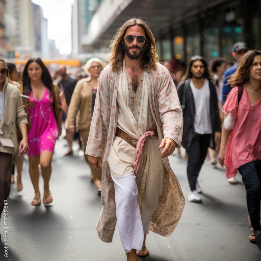 Modern city messiah: jesus christ in the heart of today's bustling metropolitan landscape, a symbol of spirituality amidst contemporary urban life