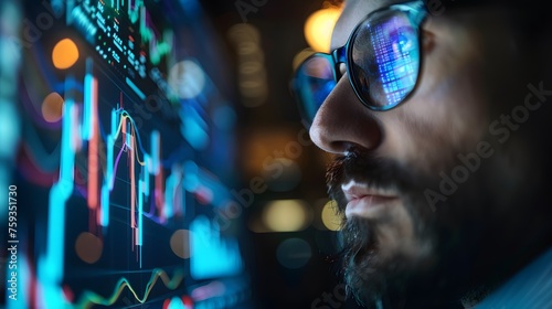 Close up Businessman trader analyst watches the stock market graph on the pc monitor. financial chart trading investment data on cryptocurrency. wearing eyeglasses with reflection, side view. 