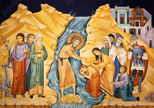 MILAN, ITALY - MARCH 6, 2024: The icon John the Baptist baptize in Jordan in the church Chiesa dei Santi Nereo e Achilleo by Iulian Rosu.