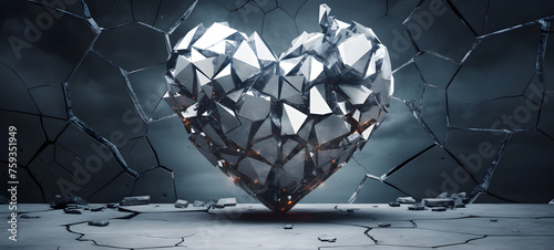diamond heart smashed in a cracked concrete ground, ai generative photo