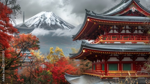 Mtfuji, tokyo s tallest volcano  autumn beauty with snow capped peak and red trees, nature wallpaper photo