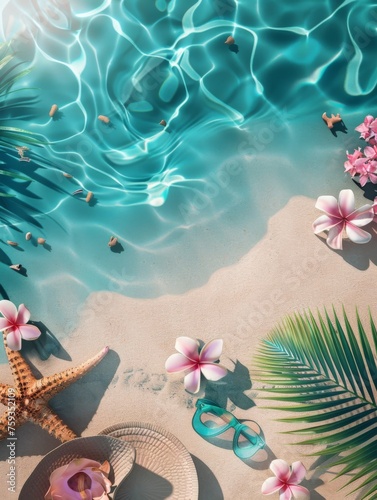 Tropical beach scene with starfish and flip-flops - A serene tropical beach view with starfish, flip-flops, and calm sea, capturing the essence of a peaceful summer getaway