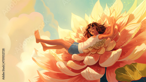 Garota deitada em uma flor gigante  - Ilustração infantil photo