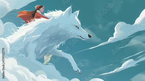 Garota montada em um lobo branco - Ilustração infantil photo