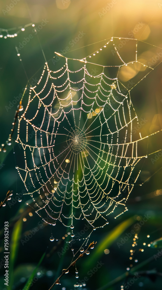 Dew-covered spider web glistening in the morning light