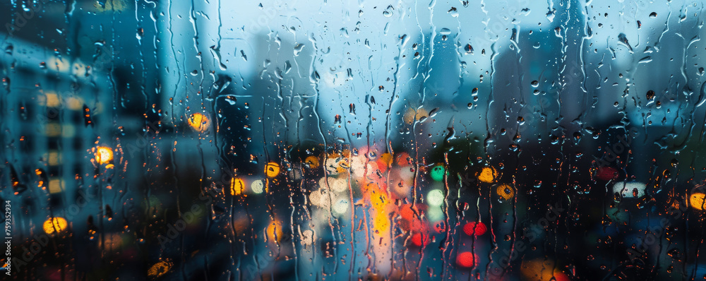 Obraz premium Raindrops on Glass with City Lights Bokeh Background