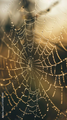 Dew drops on spider web in morning light