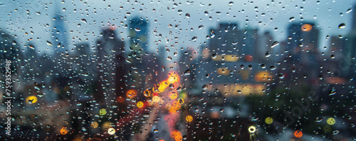 Raindrops on glass with city lights background