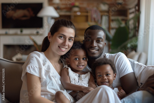 Interracial family watching TV, sitting on the sofa with happy smiles to watch a movie on the TV all together