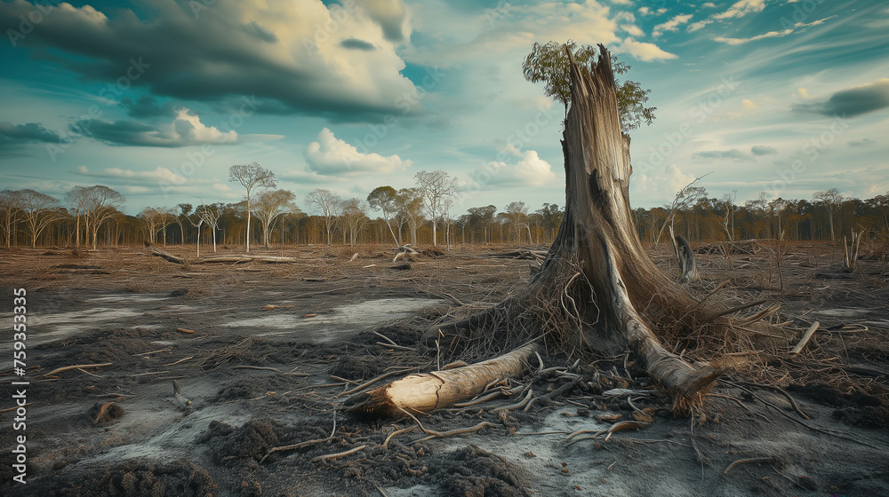 Big tree that was cut down destroyed forest Causes widespread damage to the ecosystem. - obrazy, fototapety, plakaty 