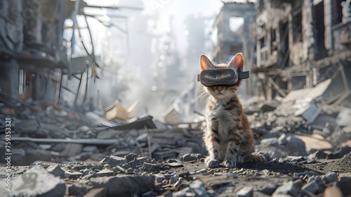 Cat iwith VR headset n destroyed city skyscraper after war conflict disaster, ruined crumbling buildings background. Futuristic post-apocalyptic world fiction, humanitarian crisis concept. photo