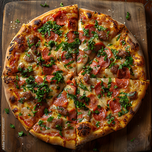 Fast food pizza with pepperoni, cheese, and parsley on a wooden board
