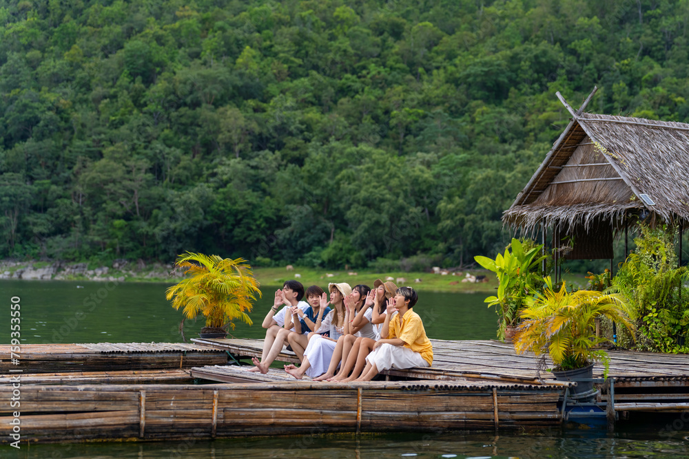 Φωτογραφία Young Asian man and woman enjoy outdoor lifestyle travel nature forest mountain on summer holiday vacation