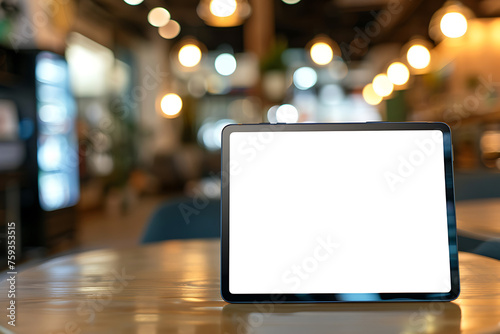 The tablet computer stands on the table with a blank white screen and a blurred office background. Screen display for mockup. photo