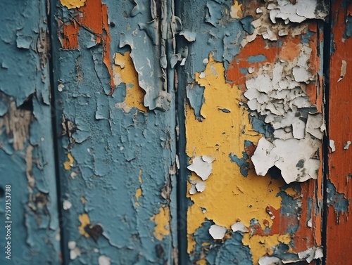 Wooden background with peeling paint. Old blue and orange color.