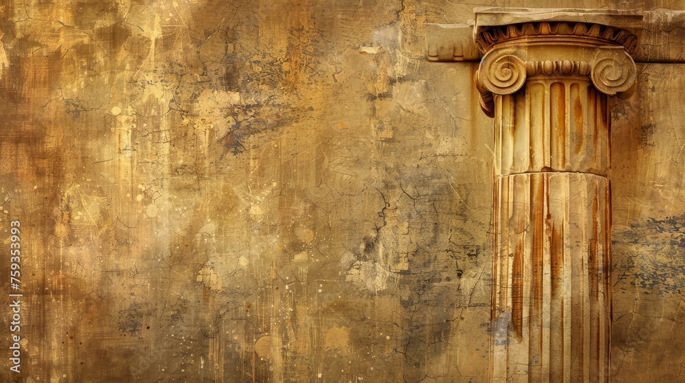 Obraz premium a golden yellow ancient greece and roman empire texture wallpaper background with a lot of empty blank copyspace. pillars and old buildings. 