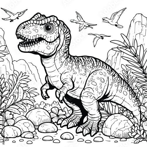 coloring draw dinosaur with a stone mountain illustration background and bird.  black and white version good for kids © Tosca Digital