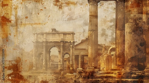  a golden yellow ancient greece and roman empire texture wallpaper background with a lot of empty blank copyspace. pillars and old buildings. 